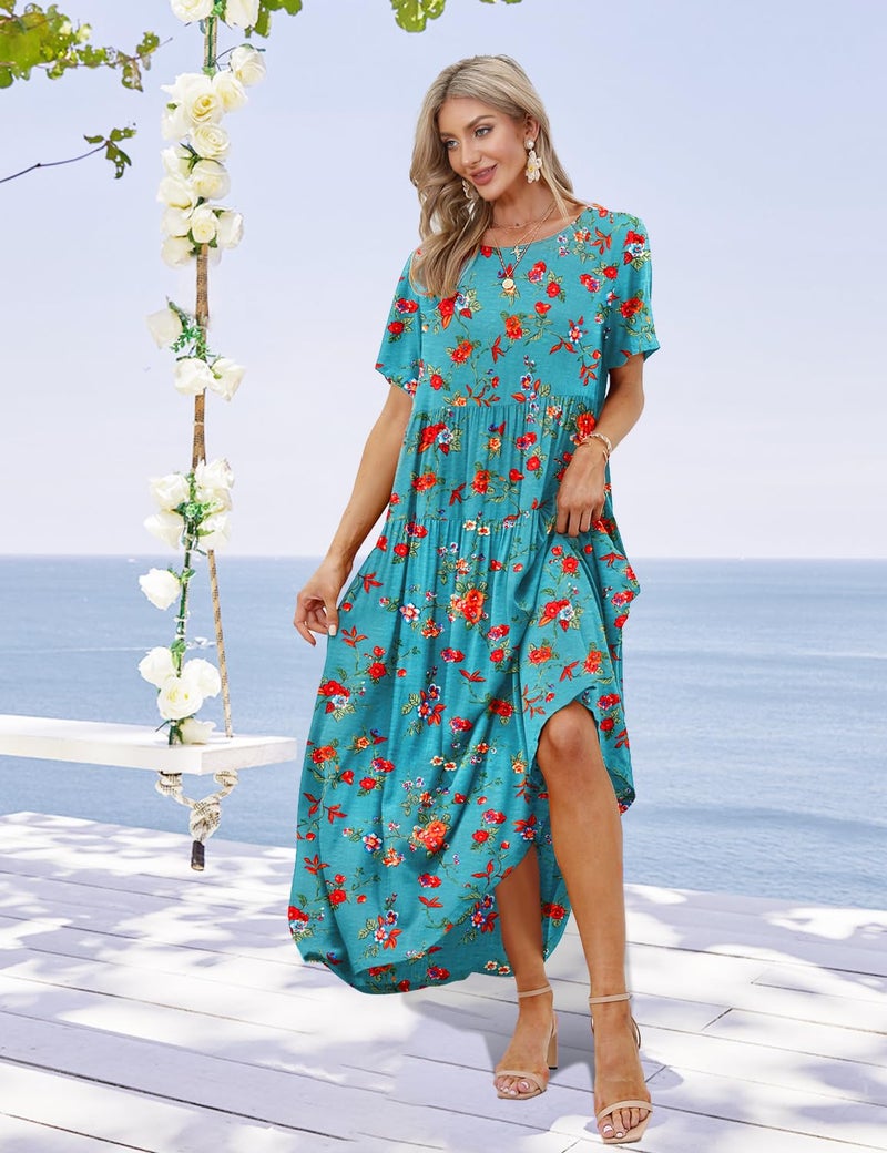 YESNO Women Casual Loose Bohemian Floral Dress with Pockets Short Sleeve Long Maxi Summer Beach Swing Dress (M EJF CR14) - Image 5